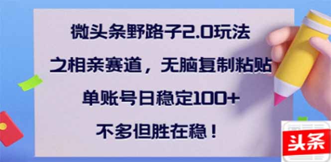 微头条野路子2.0玩法之相亲赛道，无脑搬砖复制粘贴，单账号日稳定300+…-芒果云创
