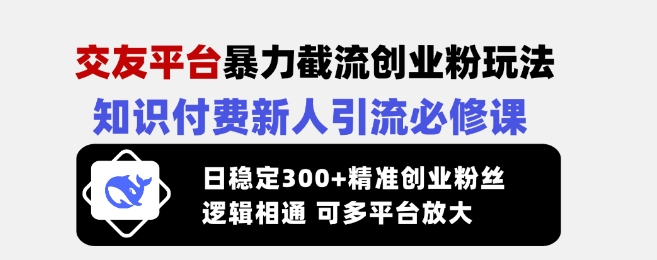 交友平台暴力截流创业粉玩法，知识付费新人引流必修课，日稳定300+精准创业粉丝，逻辑相通可多平台放大-芒果云创
